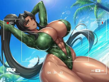 1girl abs action_taimanin alternate_costume arms_up artist_request bare_legs beach black_hair bodysuit breasts camouflage_swimsuit curvy dark-skinned_female dark_skin day diving_suit dutch_angle game_cg green_one-piece_swimsuit high_ponytail highleg highleg_one-piece_swimsuit highres huge_breasts lilith-soft lips long_hair mirabell_bell muscular muscular_female narrow_waist ocean official_alternate_costume official_art one-piece_swimsuit palm_tree ponytail recording shiny_skin smile sunlight swimsuit taimanin_(series) tree very_long_hair viewfinder wetsuit wide_hips zipper_pull_tab