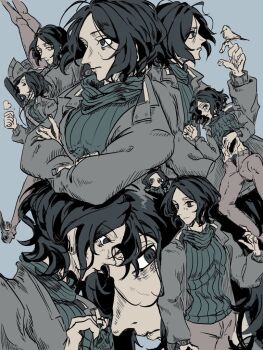 Rule 34 | 1boy, bird, bird on hand, black eyes, black hair, blue background, brown pants, closed mouth, clothes lift, coat, coat guy (no i'm not a human), commentary request, crossed arms, f1r9slq, green sweater, grey coat, hand on own stomach, hole in stomach, lying, male focus, medium hair, multiple views, no i'm not a human, open clothes, open coat, pants, parted hair, piercing hole, simple background, standing, sweater, sweater lift, turtleneck, turtleneck sweater