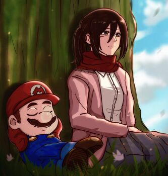 1boy 1girl black_hair blue_overalls boots brown_hair cardigan closed_eyes facial_hair falling_leaves grass hair_between_eyes hat hunnymzdraws leaf long_sleeves mario mario_(series) mikasa_ackerman mustache nintendo open_cardigan open_clothes outdoors overalls pink_cardigan ponytail red_hat red_scarf red_shirt scar scar_on_face scarf shingeki_no_kyojin shirt sitting skirt tree white_shirt