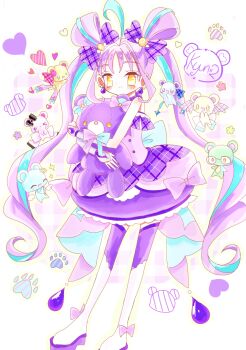 1girl ahoge blue_hair blush boots bow bridal_gauntlets character_name commentary_request corset creature cure_kyunkyun deformed earrings foot_out_of_frame footwear_bow ha-chi1154 hair_bow heart highres holding holding_stuffed_toy jewelry kimi_to_idol_precure long_hair magical_girl multicolored_boots multicolored_hair multiple_hair_bows overskirt pale_skin paw_print plaid_bow precure purple_boots purple_bridal_gauntlets purple_corset purple_hair purple_overskirt purple_skirt shigure_kokoro sidelocks skirt skirt_bow smile solo stuffed_animal stuffed_toy teardrop_earrings teddy_bear thigh_boots twintails two-tone_boots two-tone_hair very_long_hair wavy_hair white_boots wispy_bangs wrist_bow yellow_eyes