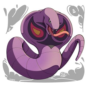 arbok cobra_(animal) colored_skin full_body gen_1_pokemon looking_at_viewer mistray-art nintendo no_humans open_mouth pokemon pokemon_(creature) purple_skin signature simple_background snake solo tongue tongue_out white_background