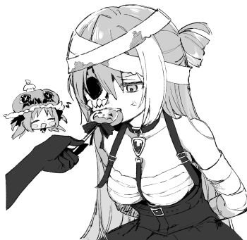 2girls alina_gray alina_gray_(halloween_ver.) anger_vein arms_behind_back bandaged_arm bandaged_head bandages biting boyano candy chibi chibi_inset choker commentary_request fang feeding food greyscale hair_rings half_mask halloween_costume hat holding holding_candy holding_food holding_lollipop lollipop long_hair magia_record:_mahou_shoujo_madoka_magica_gaiden magical_girl mahou_shoujo_madoka_magica mask mask_over_one_eye misono_karin misono_karin_(halloween_ver.) monochrome multiple_girls official_alternate_costume open_mouth out_of_frame sarashi simple_background single_hair_ring skull_mask smile solo_focus white_background