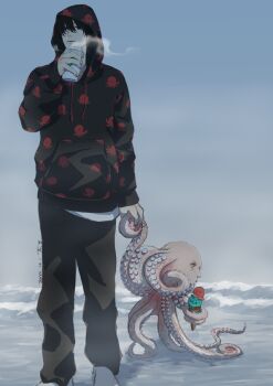 1boy 1other black_hair black_hoodie chainsaw_man coffee creature ear_piercing food holding_tentacle hood hoodie ice_cream male_focus octopus octopus_devil_(chainsaw_man) octopus_print outdoors parted_lips piercing short_hair standing steam tsutakichi_02 yoshida_hirofumi