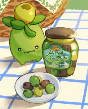 basket black_eyes blanket blush bowl bright_pupils closed_mouth commentary_request day highres jar nintendo no_humans outdoors pokemon pokemon_(creature) smoliv solo standing sumika_inagaki wavy_mouth white_pupils