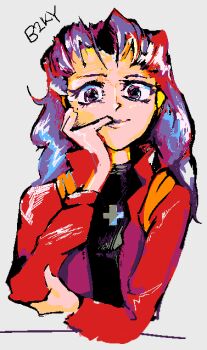 1girl better2knowyou breasts commentary cross cross_necklace faux_retro_artstyle highres jacket jewelry katsuragi_misato long_hair looking_at_viewer necklace neon_genesis_evangelion pc-98_(style) pixel_art pixelated purple_hair red_jacket retro_artstyle signature simple_background smile solo