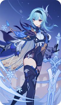 1girl bad_source black_boots black_gloves black_hairband blue_hair blue_thighhighs boots claymore_(sword) closed_mouth eula_(genshin_impact) floating_hair genshin_impact gloves hairband long_sleeves looking_at_viewer looking_to_the_side medium_hair official_art snowflakes solo standing thigh_boots thighhighs v-shaped_eyebrows wide_sleeves yellow_eyes