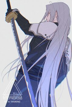 Rule 34 | 1boy, arm up, armor, belt, black coat, black gloves, closed mouth, coat, cowboy shot, final fantasy, final fantasy vii, final fantasy vii remake, from side, gloves, green eyes, grey background, grey hair, highres, holding, holding sword, holding weapon, long hair, long sleeves, long sword, male focus, masamune (ff7), profile, sephiroth, shoulder armor, solo, sword, twitter username, very long hair, weapon, yunyunonigiri