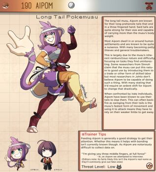 1boy 1girl aipom english_text furry gen_2_pokemon grin highres kinkymation monkey monkey_tail nintendo personification pokemon purple_hair sarashi smile tail teeth