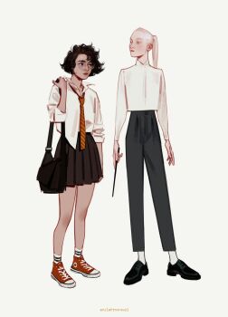 2girls absurdres alternate_costume alternate_design alternate_hairstyle ankle_socks artist_name asymmetrical_bangs bag black_bag black_pants black_shoes bob_cut brown_eyes brown_hair brown_skirt closed_mouth collared_shirt converse draco_malfoy enilehtnorevol eye_contact full_body genderswap genderswap_(mtf) green_eyes hair_slicked_back harry_potter harry_potter_(series) height_difference high-waist_pants high_collar high_ponytail highres holding holding_wand long_sleeves looking_at_another looking_at_viewer messy_hair multiple_girls necktie oxfords pants pleated_skirt ponytail popped_collar red_necktie red_shoes round_eyewear scar scar_on_face scar_on_forehead shirt shirt_partially_tucked_in shirt_tucked_in shoes shoulder_bag simple_background skirt sleeves_rolled_up socks striped_necktie tan thick_eyebrows wand wavy_hair white_background white_hair white_socks wizarding_world