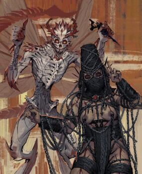 1girl 1other black_eyes bone_devil_(d&amp;d) brown_sclera chain chain_devil_(d&amp;d) chained colored_sclera colored_skin covered_face cowboy_shot dark-skinned_female dark_nipples dark_skin dungeons_&amp;_dragons emaciated face_piercing fingernails groin highres holding holding_needle insect_wings lullindo monster needle nipple_chain nipples piercing red_sclera scales scar scar_on_arm scar_on_chest scar_on_face scar_on_thighs shade sharp_fingernails sharp_teeth smile teeth thumbs_up turban v white_skin wings yellow_eyes