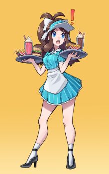 ! 1girl :o absurdres alternate_costume apron black_shoes blue_dress blue_eyes blue_hat bow breasts brown_hair burger commentary dress english_commentary food french_fries full_body grimmelsdathird hair_bow hat high_heels highres hilda_(pokemon) holding holding_tray long_hair milkshake nintendo open_mouth pokemon pokemon_bw ponytail shoes short_sleeves small_breasts socks solo striped_clothes striped_dress teeth tray upper_teeth_only vertical-striped_clothes vertical-striped_dress visor_cap waist_apron waitress white_apron white_bow white_socks yellow_background