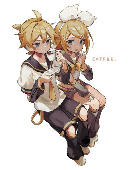 1boy 1girl black_shorts blonde_hair blue_eyes brother_and_sister closed_mouth coffee english_text full_body hair_ornament hairclip hand_up highres holding kagamine_len kagamine_rin midriff open_mouth sazanami_(ripple1996) shirt short_hair shorts siblings simple_background sitting twins vocaloid white_background white_shirt