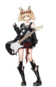 1girl absurdres alternate_costume black_boots black_shirt black_socks blonde_hair boots brooch brown_eyes burnice_white clothes_around_waist collarbone electric_guitar full_body guitar hashtag-only_commentary highres holding holding_plectrum instrument jewelry kneehighs looking_at_viewer open_mouth plectrum ppangchil puffy_sleeves shirt short_twintails simple_background single_bare_shoulder socks solo torn_clothes torn_socks twintails white_background zenless_zone_zero
