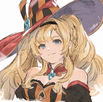 1girl blonde_hair blue_eyes bra breasts cleavage granblue_fantasy halloween_costume hat hibana_(hibana_ztlv) smile striped_bra striped_clothes twintails two-tone_bra underwear vertical-striped_bra vertical-striped_clothes white_background witch_hat zeta_(granblue_fantasy) zeta_(halloween)_(granblue_fantasy)