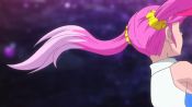 1girl ahoge animated blue_eyes digimon digimon_universe:_appli_monsters holding karan_eri long_hair looking_away looking_down necktie open_mouth pink_hair purple_hair shorts simple_background solo spinning talking twintails upper_body video