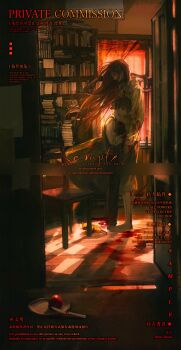 1boy 1girl bandage_on_face bandages black_eyes blood blood_on_clothes blood_splatter book bookshelf brown_hair chair doorway dress fake_blood full_body grey_vest hair_flowing_over hand_on_another's_head highres holding holding_book hug hugging_object kim_dokja kitchen knife leaning_on_person lee_sookyung long_hair looking_at_viewer mother_and_son nicayuko oldest_dream omniscient_reader's_viewpoint plate popped_collar red_light standing tomato too_many too_many_books very_long_hair vest white_dress wooden_chair wooden_floor