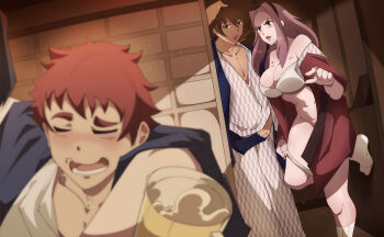 Rule 34 | 1girl, 2boys, absurdres, alcohol, bottomless, bra, brown hair, digimon, digimon adventure tri., drink, highres, imminent penetration, izumi koshiro, japanese clothes, kimono, long hair, multiple boys, onsen, orphen (pink seito), tachikawa mimi, underwear, undressing, yagami taichi