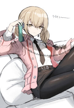 1girl azusawa_kohane belt black_pantyhose corded_phone couch highres jacket kokonotsu_9 necktie pantyhose phone pink_jacket project_sekai short_twintails sitting twintails