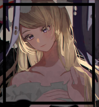 Rule 34 | 1girl, absurdres, bare shoulders, blonde hair, closed mouth, collarbone, commentary request, dress, expressionless, hand in own hair, hand on own chest, hand up, hat, highres, long hair, looking at viewer, mob cap, off-shoulder dress, off shoulder, purple eyes, shi chimi, solo, touhou, upper body, yakumo yukari