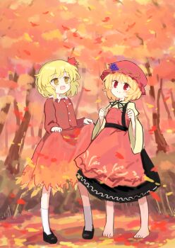 Rule 34 | 2girls, :d, aki minoriko, aki shizuha, apron, autumn, autumn leaves, barefoot, black shoes, black skirt, blonde hair, brown shirt, closed mouth, commentary request, dress, forest, hair ornament, hands up, hat, highres, juliet sleeves, kibisake, leaf, leaf hair ornament, long sleeves, mob cap, mountain of faith, multiple girls, nature, open mouth, outdoors, puffy sleeves, red apron, red dress, red eyes, red hat, shirt, shoes, skirt, skirt hold, smile, socks, standing, touhou, tree, white socks, wide sleeves, yellow eyes