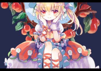1girl ascot bat_wings blonde_hair crystal flandre_scarlet food fruit hat hat_ribbon hiyuu_(hiyualice) mob_cap one_side_up puffy_short_sleeves puffy_sleeves red_eyes red_skirt red_vest ribbon short_sleeves side_ponytail sitting skirt skirt_set solo star_(symbol) touhou vest white_hat wings yellow_ascot
