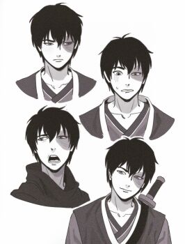 1boy avatar:_the_last_airbender avatar_legends burn_scar commentary english_commentary greyscale highres il1023il male_focus monochrome multiple_expressions open_mouth scar scar_on_face sweatdrop sword sword_on_back weapon weapon_on_back zuko