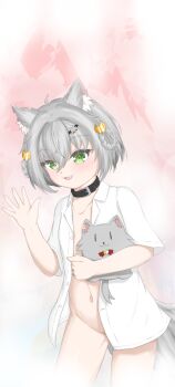1girl :d absurdres animal_ears animal_hair_ornament black_collar bottomless braid braided_hair_rings collar cowboy_shot fang green_eyes grey_hair hair_rings highres kamizuki_naki multicolored_hair naked_shirt navel open_clothes open_mouth open_shirt prism_project salute shirt short_hair short_sleeves simple_background smile stomach stuffed_animal stuffed_toy stuffed_wolf tail two-tone_hair uts virtual_youtuber white_shirt wolf_ears wolf_girl wolf_tail