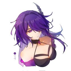 Rule 34 | 1girl, acheron (honkai: star rail), armor, bare shoulders, black choker, breasts, choker, ciyanbuqing, cleavage, commentary request, criss-cross halter, cropped shirt, cropped shoulders, hair intakes, hair ornament, hair over one eye, halterneck, highres, honkai: star rail, honkai (series), large breasts, long hair, looking at viewer, purple eyes, purple hair, shoulder armor, simple background, solo, twitter username, white background