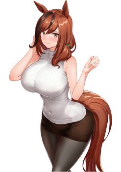 Rule 34 | 1girl, alternate costume, alternate hairstyle, animal ears, bare arms, bare shoulders, black pantyhose, black skirt, black streaks, blush, breasts, brown eyes, brown hair, closed mouth, commentary request, commission, covered navel, cowboy shot, effort star, hair over shoulder, hand in own hair, hands up, highres, horse ears, horse girl, horse tail, jewelry, large breasts, long hair, looking at viewer, miniskirt, multicolored hair, nice nature (umamusume), pantyhose, pencil skirt, pixiv commission, raised eyebrows, ribbed sweater, ring, side slit, simple background, skirt, sleeveless, sleeveless sweater, solo, standing, streaked hair, sweater, tail, turtleneck, turtleneck sweater, umamusume, wedding ring, white background, white sweater