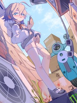 1girl absurdres ahoge alley barefoot blue_eyes blue_sky blush box can cardboard_box cellphone corded_phone day drink_can ebay feet flat_chest grey_hair hair_between_eyes highres hood hooded_jacket jacket legs leng_guang_jiu_juan loli looking_at_viewer monster_energy motor_vehicle naked_jacket open_clothes open_jacket original payphone phone receiver saliva saliva_trail scooter shoes single_shoe single_thighhigh sky smartphone soda_can solo standing standing_on_one_leg thighhighs toes unworn_bikini_bottom white_thighhighs