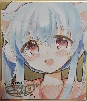 1girl :d absurdres animal_ears beret blue_hair blush hair_between_eyes hat highres kuriyuzu_kuryuu long_hair open_mouth original photo_(medium) portrait red_eyes shikishi short_eyebrows signature smile solo thick_eyebrows traditional_media twintails white_hat