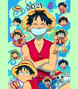 Rule 34 | 1boy, bare arms, bare shoulders, black hair, blood, blood on face, blue shorts, boned meat, chibi, chibi inset, collarbone, commentary, crossed arms, devil fruit, double v, eating, english commentary, facial scar, facing viewer, food, fruit, fur-trimmed shorts, fur trim, grin, hat, highres, holding, holding food, holding fruit, jolly roger, meat, mimscosara, monkey d. luffy, multiple views, official alternate costume, one piece, red vest, scar, scar on cheek, scar on face, short hair, shorts, smile, sparkle, straight-on, straw hat, straw hats jolly roger, v, vest