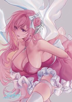 1girl angel_wings bare_shoulders braid breasts character_doll cleavage collarbone doll dorothy_(nikke) dorothy_(nostalgia)_(nikke) dress feathered_wings goddess_of_victory:_nikke hair_bun hair_ribbon halter_dress halterneck highres large_breasts long_hair nail_polish official_alternate_costume pink_dress pink_hair pink_nails pinne_(nikke) purple_eyes ribbon signature solo thigh_strap tina_inekun white_ribbon white_wings wings