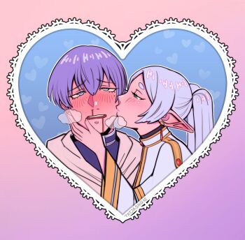 Rule 34 | 1boy, 1girl, black choker, blood, blue background, blue eyes, blue hair, blue jacket, border, capelet, choker, couple, earrings, elf, frieren, gold trim, green eyes, grey cloak, grey hair, hair between eyes, hand on another's cheek, hand on another's face, heavy breathing, hetero, highres, himmel (sousou no frieren), jacket, jewelry, kiss, kissing cheek, long hair, mole, mole under eye, nosebleed, open mouth, parted bangs, pink border, pointy ears, short hair, sousou no frieren, tatjasng12, thick eyebrows, twintails, upper body, white capelet, white jacket