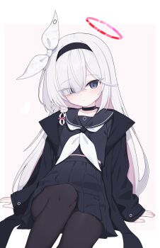 1girl absurdres arm_support black_choker black_coat black_hairband black_pantyhose black_serafuku blue_archive blunt_bangs braid choker cinamon_(cinamori) coat colored_inner_hair commentary eyes_visible_through_hair feet_out_of_frame grey_hair hair_over_one_eye hairband highres long_hair looking_at_viewer multicolored_hair neckerchief pantyhose pink_hair plana_(blue_archive) pleated_skirt school_uniform serafuku single_braid sitting skirt solo straight_hair two-tone_hair very_long_hair white_neckerchief