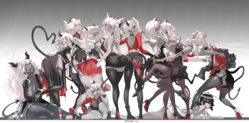 6+girls angel antenna_hair artist_name ass azazel_(helltaker) bare_shoulders beelzebub_(helltaker) bent_over black_dress black_footwear black_horns black_pants black_pantyhose black_shirt black_skirt black_socks black_thighhighs black_vest blouse bow breasts cerberus_(helltaker) cleavage collarbone colored_skin commentary_request crop_top dark-skinned_female dark_skin dated demon_horns demon_tail dm_(dai_miao) dog_girl dress ear_piercing freckles from_behind from_side garter_straps glasses gloves grey_background grey_skin halo hand_on_another's_hip helltaker high_heels highres horns judgement_(helltaker) justice_(helltaker) large_breasts long_hair low-tied_long_hair lucifer_(helltaker) lying malina_(helltaker) medium_breasts modeus_(helltaker) mole mole_under_eye multiple_girls on_stomach pandemonica_(helltaker) pants pantyhose parted_bangs pear-shaped_figure piercing pleated_skirt red_bow red_eyes red_footwear red_shirt red_skirt shirt shoes short_hair sitting skirt sleeveless sleeveless_dress sleeveless_shirt socks sunglasses tail thigh_strap thighhighs tongue tongue_out vest wavy_mouth white_background white_dress white_gloves white_hair white_horns white_shirt wrist_cuffs zdrada_(helltaker)
