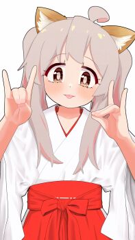 1girl :p ahoge alternate_costume alternate_hairstyle animal_ear_fluff animal_ears blush brown_eyes commentary double_fox_shadow_puppet fox_ears fox_shadow_puppet grey_hair hakama hakama_skirt happyundergate highres japanese_clothes kimono looking_at_viewer miko multicolored_hair onii-chan_wa_oshimai! oyama_mahiro pink_hair sidelocks skirt smile solo tongue tongue_out twintails two-tone_hair white_kimono wide_sleeves