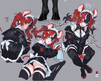 1girl absurdres alternate_costume animal_ears arms_across_body back_ribbon between_legs black_boots black_hair black_jacket black_panties black_sleeves black_socks black_thighhighs blue_eyes blush boots breasts breath cleaning_rag closed_mouth collar color_guide commentary cropped_legs crossed_ankles crossed_wrists embarrassed english_commentary english_text expressionless feet frilled_skirt frills from_behind from_below full_body gloves grey_background hair_ornament hakos_baelz hand_between_legs highres holding holding_rag hololive hololive_english jacket leaning_forward long_hair long_sleeves looking_at_viewer looking_back looking_down maid maid_headdress medium_breasts mouse_ears mouse_girl multicolored_hair multiple_views off_shoulder ok_sign old_metal_666 open_clothes open_jacket open_mouth panties pantyshot platform_boots red_boots red_gloves red_hair ribbon shaded_face sitting skirt smug socks speech_bubble spiked_collar spikes squatting standing standing_on_liquid strap streaked_hair suggestive_fluid thigh_strap thighhighs tiptoes twintails underwear virtual_youtuber white_hair white_ribbon x_hair_ornament