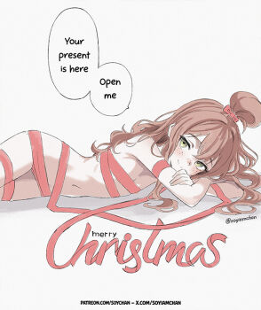 1girl bow brown_hair closed_mouth english_text eyelashes freckles green_eyes hair_bow hand_on_own_arm long_hair lying merry_christmas naked_ribbon original paid_reward_available patreon_username red_bow red_ribbon ribbon simple_background smile solo soy-chan speech_bubble split_mouth topknot twitter_username watermark web_address white_background
