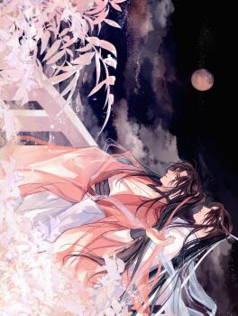 Rule 34 | 2boys, ahoge, aki uzuzame, alternate costume, black hair, black sash, blue shawl, chinese clothes, closed eyes, cloud, coat, commentary request, couple, dutch angle, flower, full moon, grey eyes, hagoromo, hair ribbon, hand up, hanfu, headband, height difference, highres, holding, holding ribbon, hug, hug from behind, lan wangji, leaf, light particles, long hair, long sleeves, looking at another, male focus, modao zushi, moon, multiple boys, night, open clothes, open coat, outdoors, parted lips, plant, ponytail, profile, railing, red coat, red ribbon, red sash, ribbon, sash, shawl, sidelocks, sideways, sky, smile, standing, star (sky), topknot, twitter username, very long hair, wei wuxian, white hanfu, white headband, wide sleeves, xiao guan (headdress), yaoi