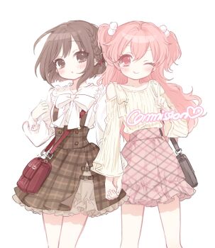 2girls bag bow bowtie braid brown_bag brown_eyes brown_hair brown_skirt clothing_cutout commission cowboy_shot hair_bobbles hair_ornament highres holding_hands layered_skirt long_hair long_sleeves looking_at_viewer mipi_(u3u_00) momoi_airi multiple_girls one_eye_closed pink_eyes pink_hair pink_skirt project_sekai red_bag shinonome_ena shirt short_hair shoulder_bag shoulder_cutout side_braid simple_background skirt smile two_side_up unmoving_pattern v white_background white_bow white_bowtie white_shirt yellow_shirt