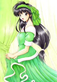 1girl black_hair brown_eyes commentary cowboy_shot curtains from_side fur-trimmed_shirt fur-trimmed_skirt fur_trim green_hairband green_shirt green_skirt green_theme hairband long_hair looking_at_viewer looking_to_the_side low-tied_long_hair open_mouth sheela_sheffield shirt sidelocks skirt skirt_hold smile solo standing very_long_hair yuuki_shino yuukyuu_gensoukyoku