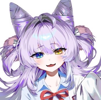 1girl ahoge blue_eyes blush bow bowtie collared_shirt commentary cone_hair_bun double_bun hair_bun hair_intakes hair_ornament hair_rings heterochromia highres looking_at_viewer open_mouth pom_pom_(clothes) pom_pom_hair_ornament portrait red_bow red_bowtie ribbon2hushyams shirt simple_background smile solo stellive straight-on symbol-only_commentary tenko_shibuki virtual_youtuber white_background white_shirt wing_collar yellow_eyes