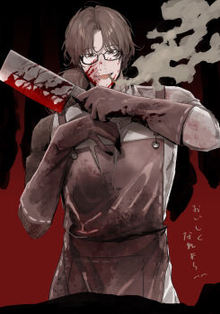 1boy absurdres amputee apron black_background blood blood_on_clothes blood_on_face blood_on_hands blood_splatter blood_stain bloody_weapon brown_apron brown_eyes brown_gloves brown_hair cigarette cleaver cowboy_shot dirty dirty_clothes evil_grin evil_smile facial_hair glasses gloves gradient_background gregor_(project_moon) grin hair_between_eyes hands_up head_tilt highres holding holding_cleaver holding_knife holding_weapon joints kitchen_knife knife limbus_company long_hair long_sleeves looking_at_viewer looking_down lower_teeth_only male_focus mechanical_arms mouth_hold official_alternate_costume open_mouth parted_bangs parted_lips pocket project_moon prosthesis prosthetic_arm r.b._(identity)_(project_moon) red_background semi-rimless_eyewear shirt simple_background single_mechanical_arm smile smirk smoke smoking solo standing stubble teeth tongue turtleneck turtleneck_shirt uibou00000 under-rim_eyewear upper_body weapon white_shirt yandere