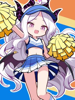 1girl ahoge black_halo blue_archive cheerleader chibi demon_girl demon_horns demon_wings halo hat highres hina_(blue_archive) horns long_hair looking_at_viewer low_wings navel open_mouth panties pom_pom_(cheerleading) purple_eyes shishiejo_(sisieho1) solo standing underwear very_long_hair white_hair white_panties wings
