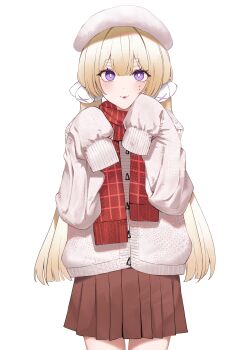 1girl absurdres beret blonde_hair blush brown_skirt commission cowboy_shot fringe_trim grey_jacket hands_up hat highres jacket long_hair long_sleeves looking_at_viewer low_twintails original parted_lips pleated_skirt puffy_long_sleeves puffy_sleeves purple_eyes red_scarf scarf short_eyebrows simple_background skirt sleeves_past_fingers sleeves_past_wrists solo talnory thick_eyebrows twintails very_long_hair white_background white_hat