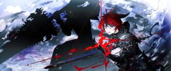 2boys absurdres ahoge aizendai alternate_costume animal_ears aotsuki_eito armor black_armor black_gloves black_hair blue_eyes chinese_commentary closed_mouth commentary_request facial_mark glasses gloves glowing glowing_eyes highres holding holding_sword holding_weapon kemonomimi_mode long_sleeves male_focus multicolored_hair multiple_boys open_mouth red_hair semi-rimless_eyewear short_hair smoke streaked_hair sumino_takumi sword the_hundred_line_-last_defense_academy- two-tone_hair variant_set weapon