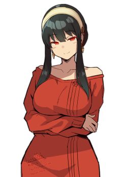 1girl artist_name bare_shoulders batta_16-sei black_hair breasts collarbone commentary_request earrings hairband highres jewelry large_breasts long_sleeves medium_hair off-shoulder_sweater off_shoulder red_eyes red_sweater sidelocks simple_background smile solo spy_x_family sweater white_background white_hairband yor_briar