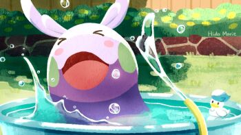 beak bush closed_eyes commentary_request gen_6_pokemon goomy grass hidamarieart hose nintendo no_humans open_mouth pokemon pokemon_(creature) pool quaxly rubber_duck slug smile water water_drop