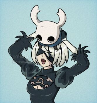 1girl 1other 2b_(nier:automata) black_hairband blindfold breasts cleavage cleavage_cutout clothing_cutout commentary crossover grey_hair hairband hollow_knight juliet_sleeves knight_(hollow_knight) long_sleeves mole mole_under_mouth nier:automata nier_(series) on_head open_mouth puffy_sleeves smile twitter_username watermark yuffie_drawings